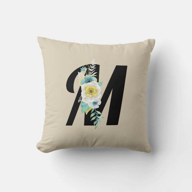 Almofada Monograma com Spray Floral em Aqua e Branco (Frente)