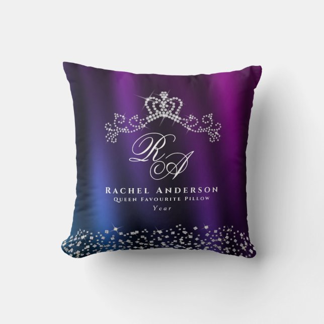 Almofada Monograma Coroa com Brilho Azul Roxo (Frente)