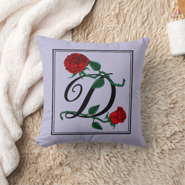 Almofada Monograma da Letra D com Rosas Vermelhas Roxo (Cobertor)