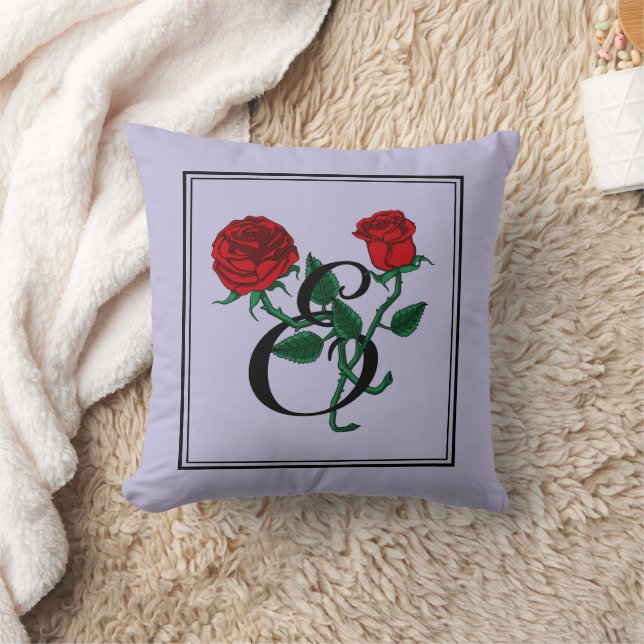 Almofada Monograma da Letra E com Rosas Vermelhas Roxo (Cobertor)