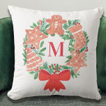 Almofada Monograma da Terra de Natal Personalizada<br><div class="desc">Esta É A Época Para Decorar! Adicione este travesseiro encantador ao seu decor festivo. É decorada com uma camada aquosa de Natal de biscoitos de Natal e folhagem sazonal. Você pode personalizá-lo com a sua inicial. Original Watercolor © Michele Davies.</div>