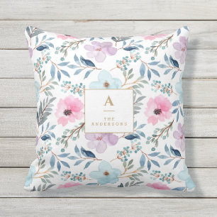 Almofada Monograma das flores azuis de pasta branca