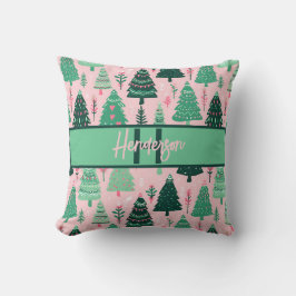 Almofada Monograma de árvore de Natal rosa e verde fofo