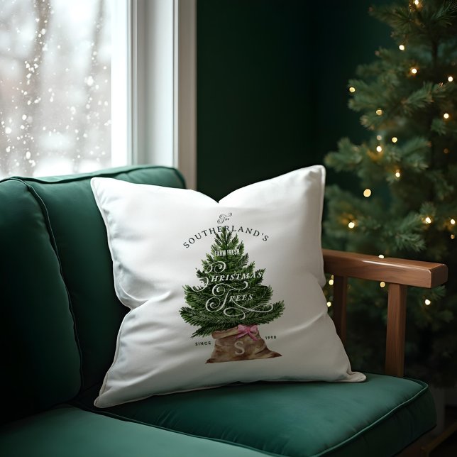 Almofada Monograma de árvore fresca de Fazenda retrátil cor (Pink Retro Fun Vintage Farm Fresh Tree Monogram Throw Pillow)