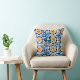 Almofada Monograma de Azulejo Azul Moderno e Laranja