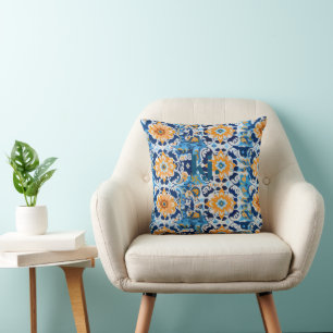 Almofada Monograma de Azulejo Azul Moderno e Laranja