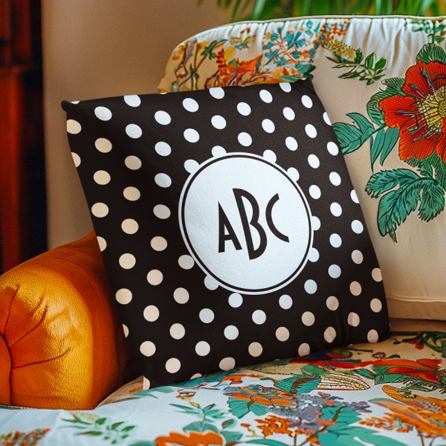 Almofada Monograma de Bolinhas Preto e Branco (Black and White Polka Dot Monogram Throw Pillow)