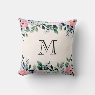 Almofada Monograma de Borda Floral com Cor de Água Rosa e