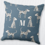 Almofada Monograma de Cães Dalmáticos<br><div class="desc">Um padrão de cão Dalmaciano bonito avistou-o num fundo verde teal. Arte original de Nic Squirrell. Mude o monograma inicial para personalizar.</div>