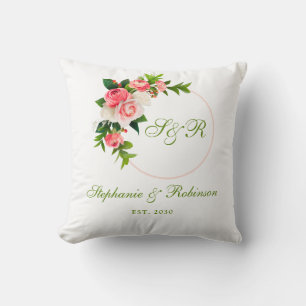 Almofada Monograma de casamento floral rosa