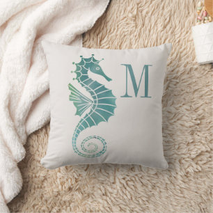 Almofada Monograma de Cavalo-Marinho Azul Turquesa Creme Oc