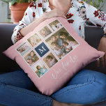 Almofada Monograma de Cores Editável Colagem de Fotos da No<br><div class="desc">Travesseiro monograma com as palavras "Nossa Família" em um script de na moda com 8 fotos quadradas dispostas em um layout de grade com uma borda branca ao redor delas no fazer frontal e traseiro, com 16 fotos no total que você pode substituir por suas próprias fotos, todas em uma...</div>