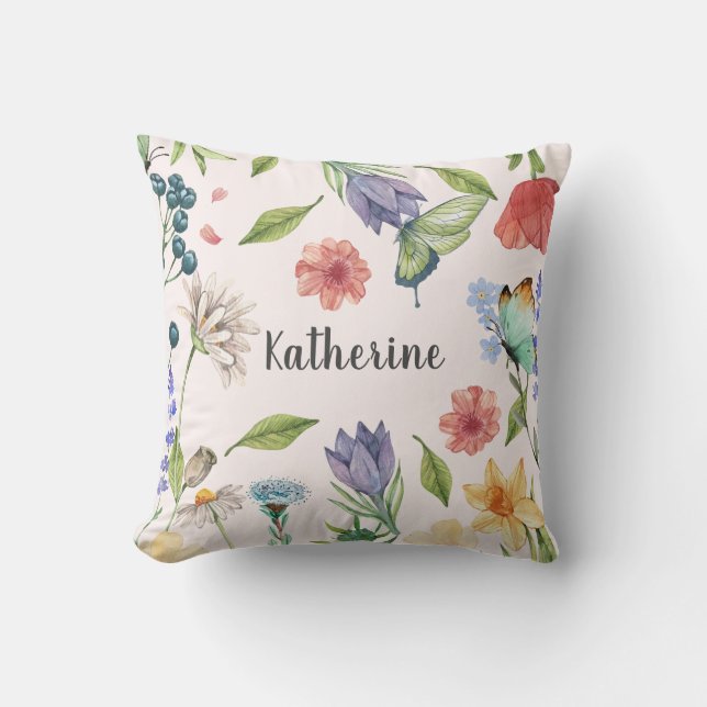 Almofada Monograma de decoração de Nursery de Flor Selvagem (Frente)