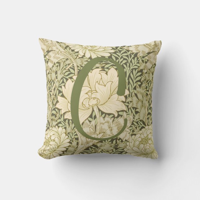 Almofada Monograma de Design Floral Verde de Wm Morris (Frente)