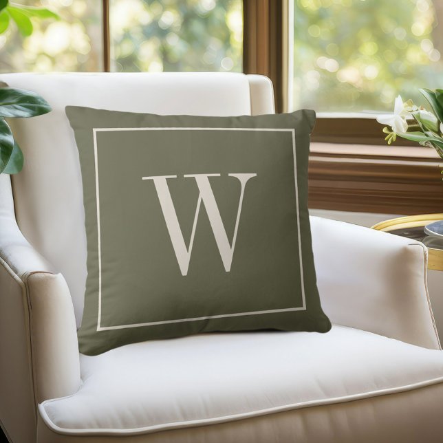 Almofada Monograma de Designer Inicial em Verde Musgo e Mar (Designer Monogram Inital Moss Green & Ivory Throw Pillo)