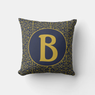Almofada Monograma de Filigrana Azul e Dourado Elegante