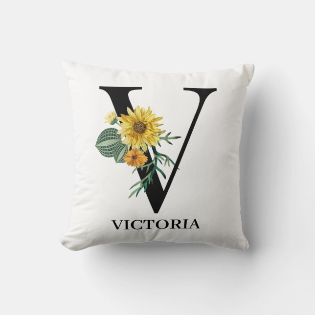 Almofada Monograma de Floral Personalizado com Letra V  (Frente)