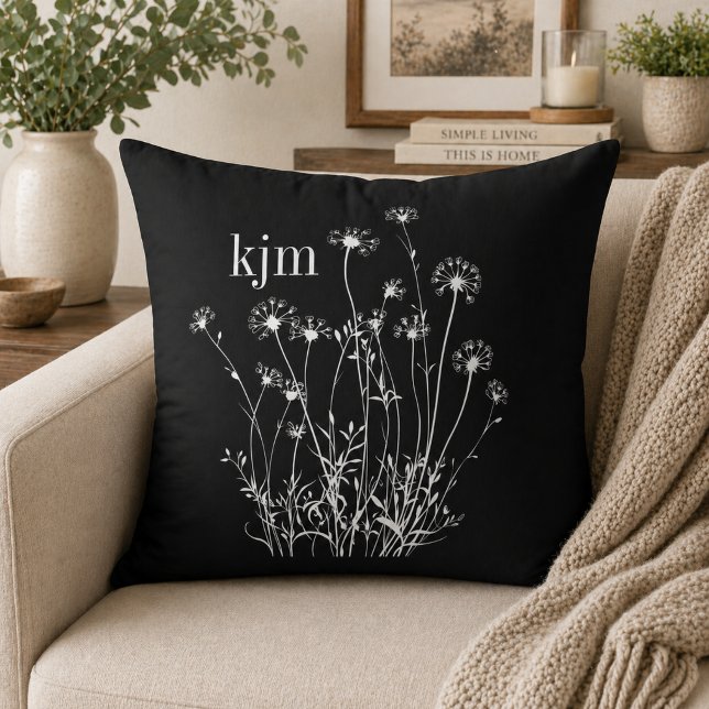 Almofada Monograma de Flores Silvestres Preto e Branco (Criador carregado)