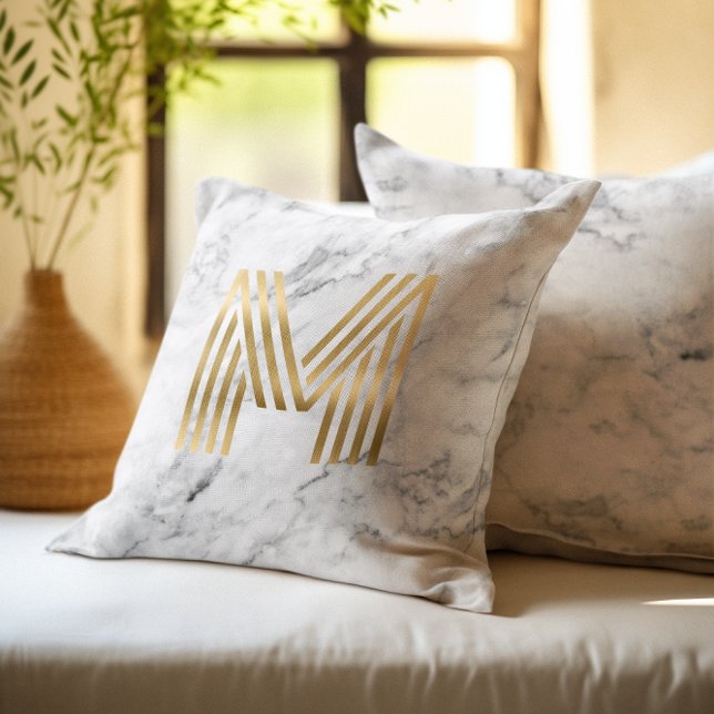 Almofada Monograma de Folha de cinza Retro Geométrico de Fo (Grey Marble Retro Geometric Gold Foil Monogram M Throw Pillow)
