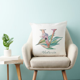 Almofada Monograma de Folhagem Aquarela com Floral Personal