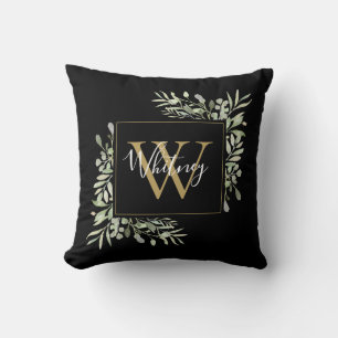 Almofada Monograma de folhagem em ouro preto personalizado