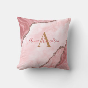 Almofada Monograma de Geodo Dourado de Agate Rosa-Blush Mod