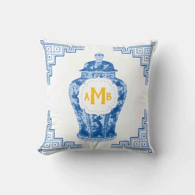Almofada Monograma de Jar Ginger Chinoiserie Azul (Frente)
