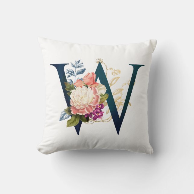 Almofada Monograma de letra floral chique W (Frente)