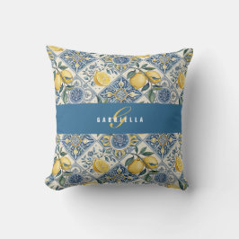 Almofada Monograma de Limão Aquarela Azul Amarelo Nome