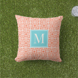 Almofada Monograma de Malha Quadrada Preppy - Coral e Turqu