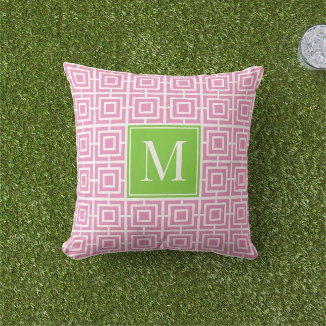 Almofada Monograma de Malha Quadrada Preppy – Rosa e Lima (Grama)