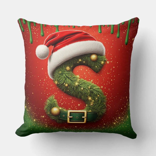 Almofada Monograma de Natal S com Chapéu de Papai Noel Pres (Frente)