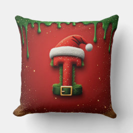 Almofada Monograma de Natal T com Chapéu de Papai Noel Pres