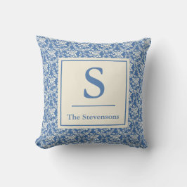 Almofada Monograma de Nome de Família em Toile Floral Azul 