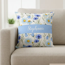 Almofada Monograma de Nome de Flor Silvestre em Aquarela Az
