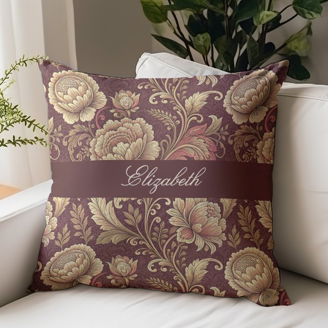 Almofada Monograma de Nome em Script Floral Vitoriano Burgu (Criador carregado)