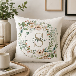 Almofada Monograma de Nome Floral Personalizado Elegante