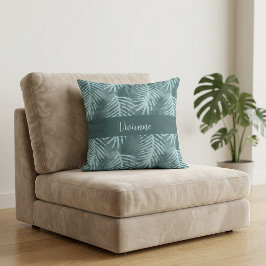 Almofada Monograma de Nome Folha Tropical em Aquarela Teal 