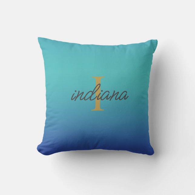 Almofada Monograma de Nome Moderno em Script com Tom Azul T (Frente)