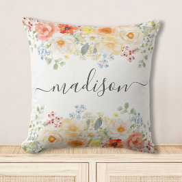 Almofada Monograma de Nome Personalizado Aquarela Floral En
