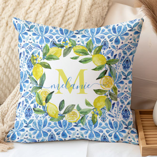 Almofada Monograma de Nome Personalizado de Azulejos e Citr