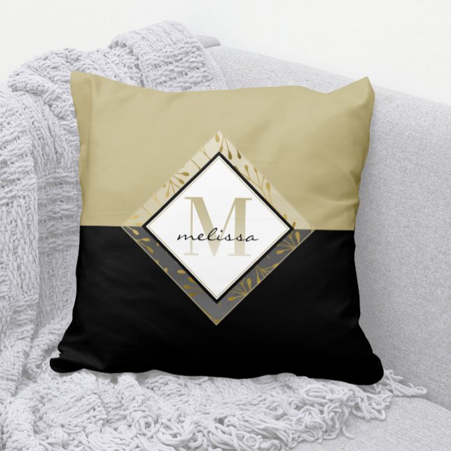 Almofada Monograma de Omã Elegante + Nome Preto + Tan + Dou (Elegant Ombre Monogram Throw Pillow with Any Name )