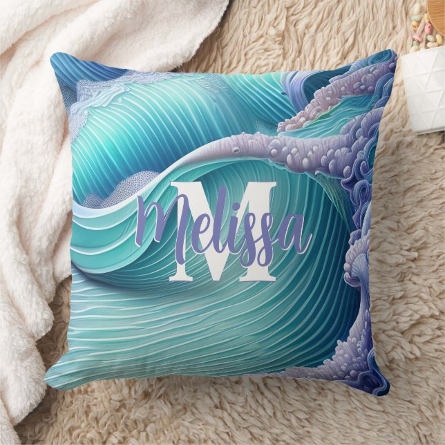 Almofada Monograma de Ondas do Mar de Pastel (Cobertor)