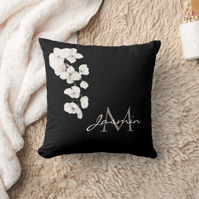 Almofada Monograma de Orquídea Preto e Branco Moderno (Cobertor)