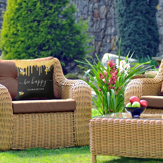 Almofada Monograma de ouro negro brilhante das abelhas felp (Criador carregado)