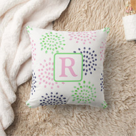 Almofada Monograma de Padrão de Flor em Aquarela Rosa Verde