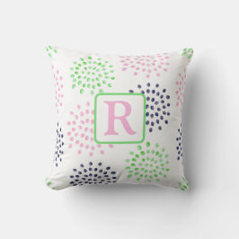 Almofada Monograma de Padrão de Flor em Aquarela Rosa Verde