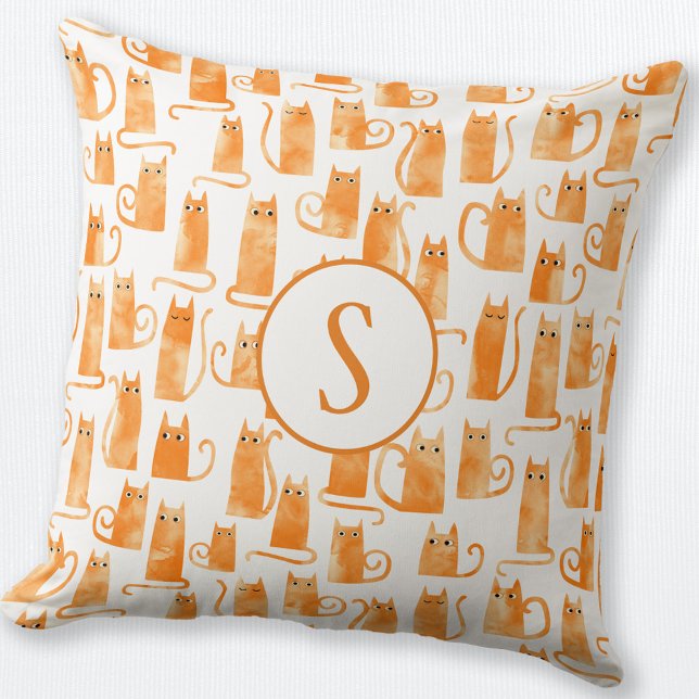 Almofada Monograma de Padrão de Gato Laranja (Monogram personalized orange ginger cat throw pillow)