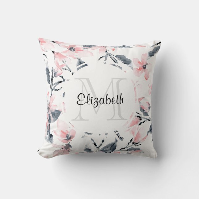 Almofada Monograma de Padrão Flor de Aquarela Rosa e Cinza (Frente)