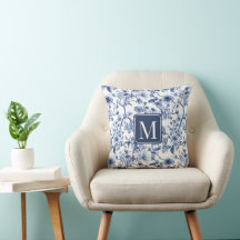 Monograma de Padrão Toile Floral Azul Vintage